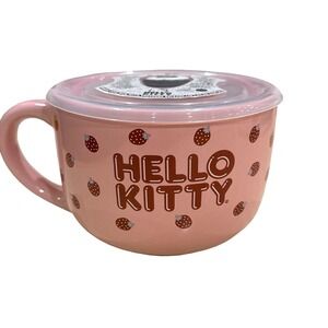Hello Kitty Soup Mug Pink Strawberry Ceramic with Lid 24 oz Unisex OS